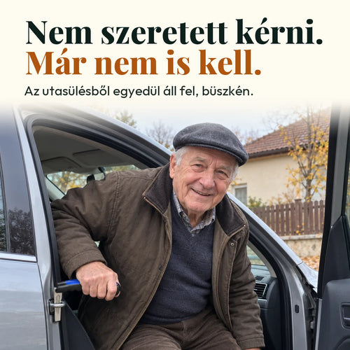 Egyedül áll fel. Kapaszkodó az ajtóba, és már ki is szállt az autóból.